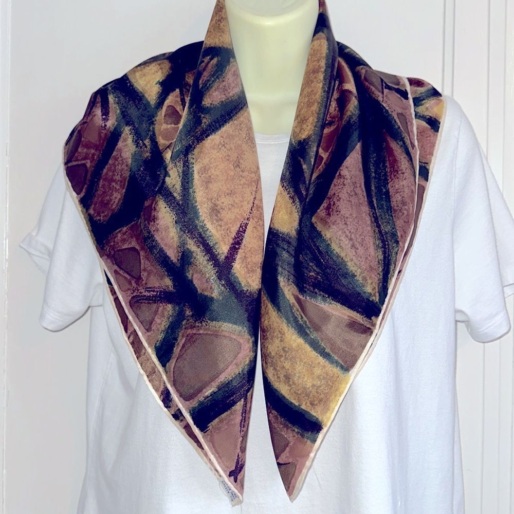 Vintage 60s Auteuil Fabrics Inc abstract art‎ green, brown & pink acetate scarf - Picture 7 of 8